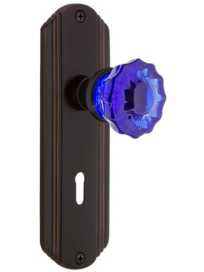 Streamline Deco Mortise Lock Set with Colored Fluted Crystal Glass Knobs Cobalt Blue in Timeless Bronze.